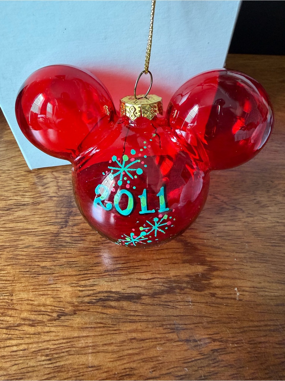 Red 2011 Mickey Ear Glass Holiday Ornament - Disney World